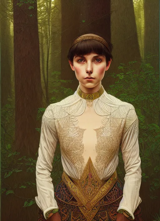 Image similar to symmetry portrait of welsh brunette student in mans tunic, embroidery, tomboy, short hair, intricate forest background, intricate, elegant, highly detailed, digital painting, artstation, concept art, smooth, sharp focus, illustration, art by artgerm and greg rutkowski and fra angelico and alphons mucha