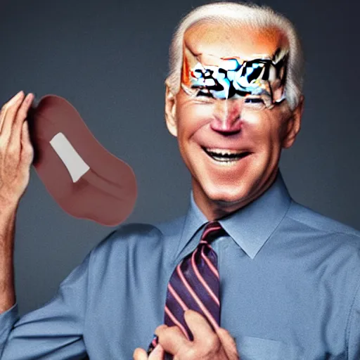 Prompt: uhd candid photo of cosmic joe biden wearing a rubber muzzle, with accurate face, real rubber muzzle, uhd, studio lighting, correct face, photo by annie leibovitz