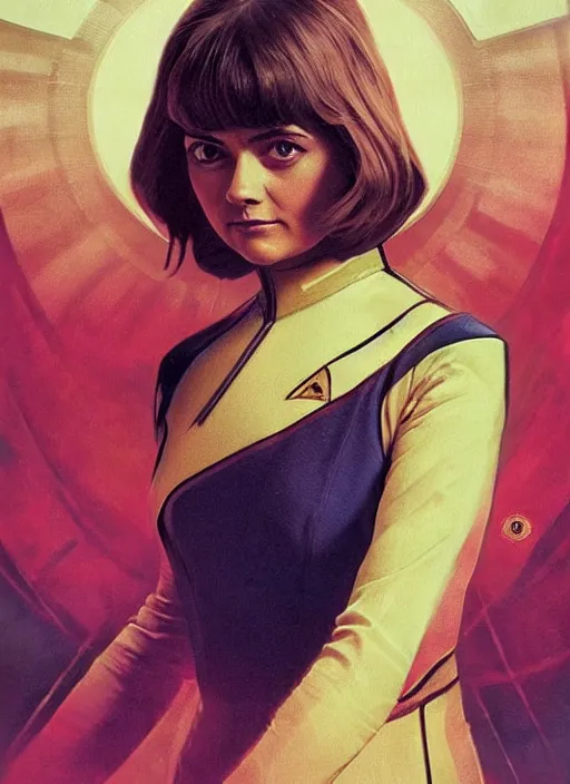 Image similar to jenna coleman as a star trek captain, a still from star trek painted by artgerm and greg rutkowski and alphonse mucha. clear highly detailed face, beautiful sci fi art