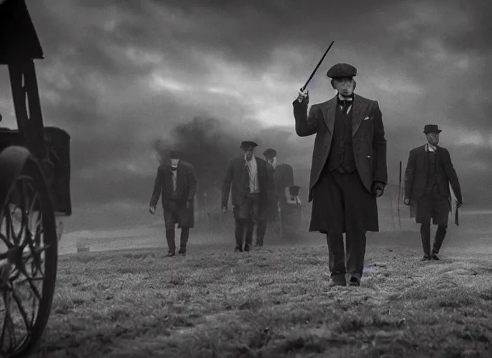 Prompt: a scene from peaky blinders, medium long shot, a cabin in the background, faces covered in shadows, black and white, cinematic, epic, arty,