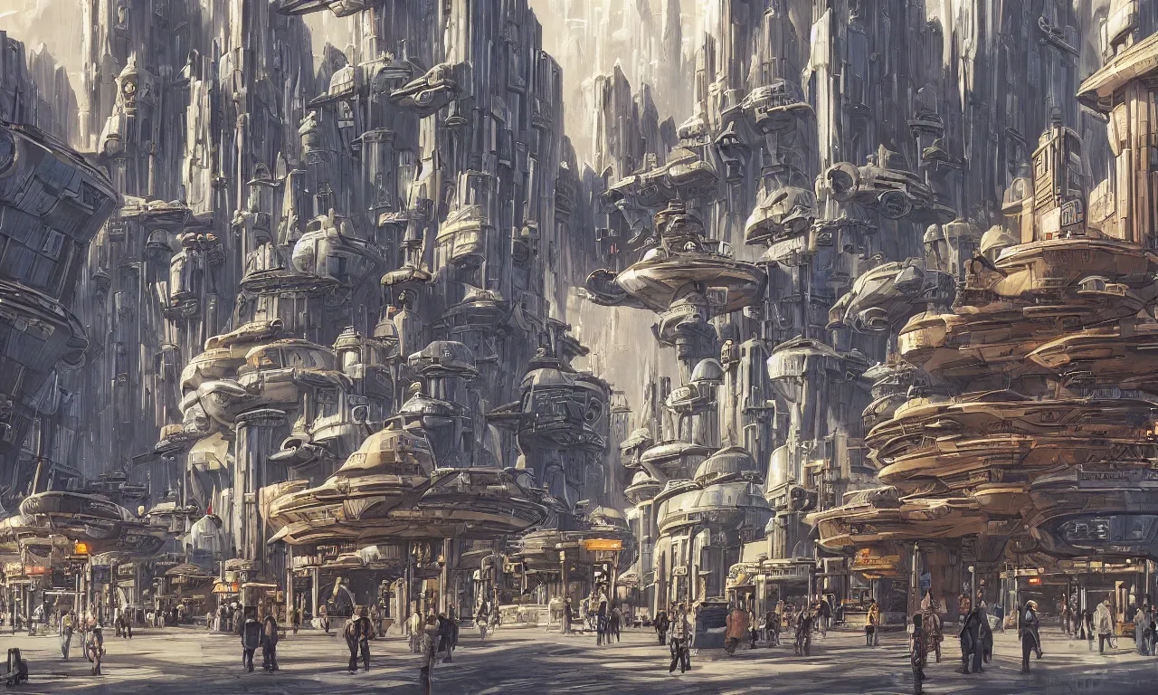 Image similar to street level scene of star wars city, by greg rutowski, stunning atmosphere