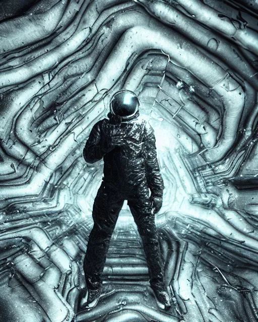 Image similar to brutalist construction with organic fluid metal parts floating in void hallucinating, a lost astronaut covered with black sticky extraterrestrial fluid, creative VFX, no text, rendered with octane, hyper realistic, hyper detailed, surreal, futuristic, volumetric light, 8k