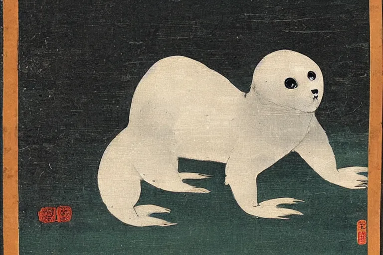 Prompt: demonic baby harp seal, Japanese painting, 1700s