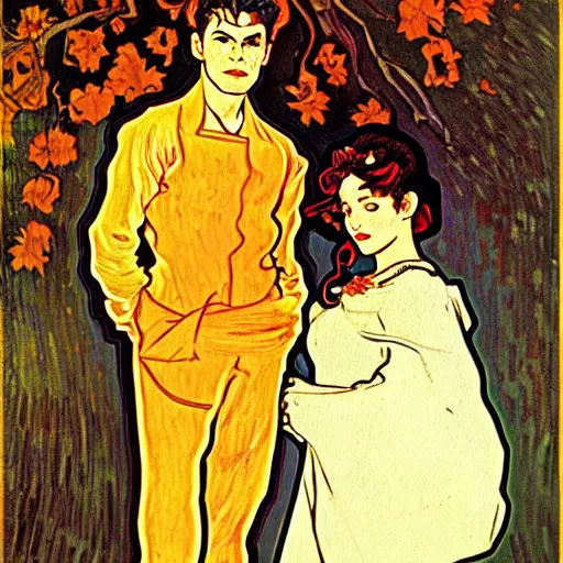 Prompt: painting of handsome young cute delicate beautiful jeff and gorgeous rina together at the jack o'lantern halloween party, elegant, clear, painting, stylized, art, art by alphonse mucha, vincent van gogh, egon schiele,