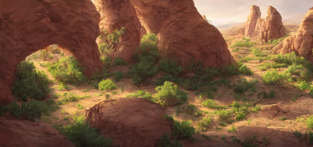 Image similar to beautiful utah desert, rock arcs, lush vegetation, landscape, alex ross, eddie mendoza, raphael lacoste, sebastian ludke, concept art, matte painting, highly detailed, rule of thirds, dynamic lighting, cinematic, detailed, magnificiant landscape, denoised, centerd