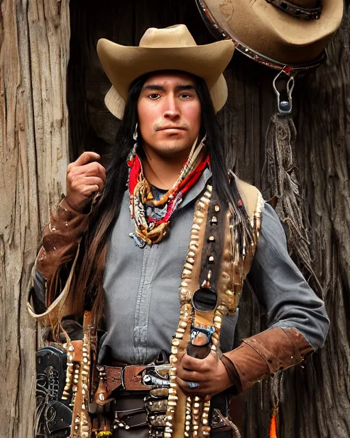 Prompt: character portrait of a young thin native American Indian man, wearing cargo buckskin jacket buckskin tactical toolbelt pockets bandolier full of trinket and baubles, steampunk arcane shaman, deadlands, weird west