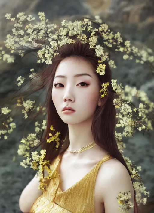 Image similar to Kodak Portra 400, 8K, soft light, volumetric lighting, highly detailed, Rena Nounen style 3/4 ,portrait photo of a Japanese ravishing Goddess by WLOP, the face emerges from a lava flowing gold travertine terraces with lotus flowers, inspired by Ophelia paint , a beautiful chic dress and hair are intricate with highly detailed realistic beautiful flowers , Realistic, Refined, Highly Detailed, ethereal lighting colors scheme, outdoor fine art photography, Hyper realistic, photo realistic