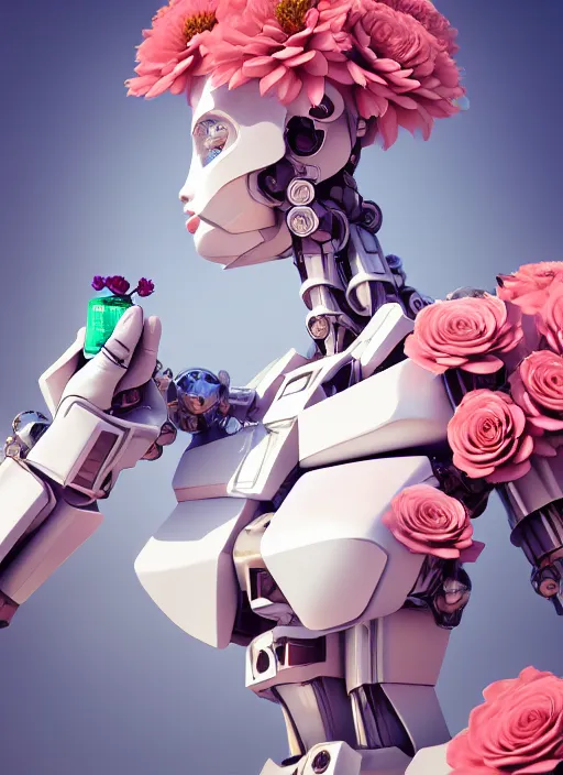 Image similar to mecha holding perfume bottle blooming from corals, daisies, roses contoured smooth fair walls carrying perfume bottle, up close shot, sharp focus, global illumination, radiant light, alexandre ferra white mecha, irakli nadar, octane highly render, 4 k, ultra hd,