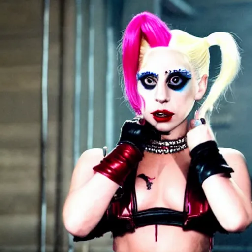 Image similar to Lady Gaga as real-life Harley Quinn, cinematic, Wide-shot, atmospheric lighting, directed by Martin Scorsese, extreme detail, 8K, movie still