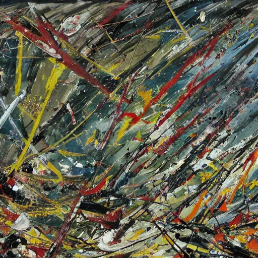 Image similar to battle of cape ecnomus, in the style of jackson pollock