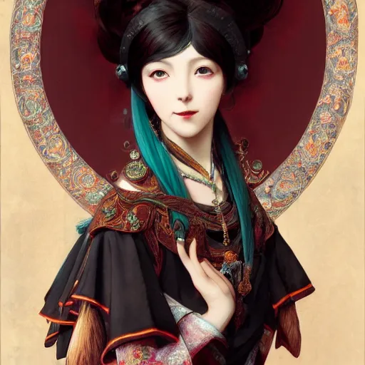 Image similar to a beautiful portrait of hatsune miku with long black and deep red colored hair dressed as a 1 0 th century european noblewoman, intricate, elegant, highly detailed, digital painting, artstation, concept art, matte, sharp focus, illustration, art by greg rutkowski and alphonse mucha