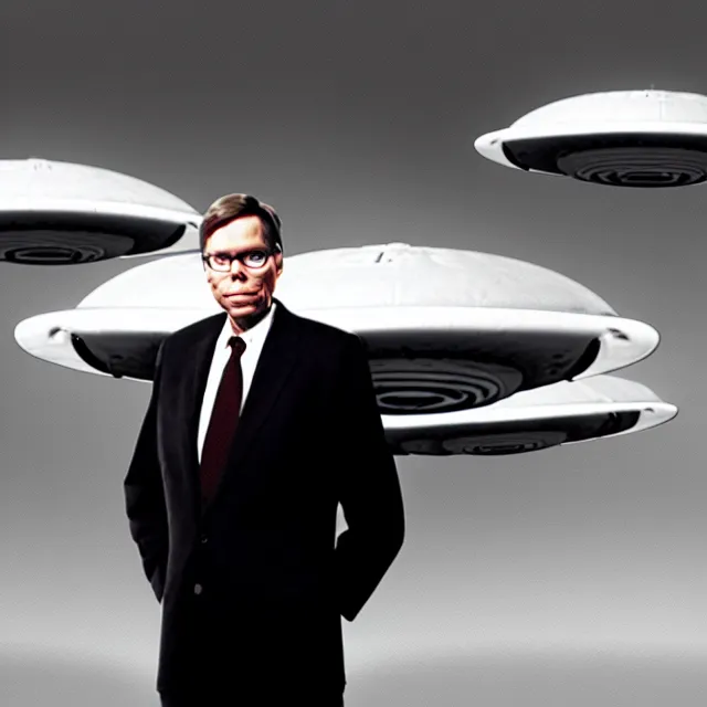 Prompt: a photo of bob lazar with a hangar full of flying saucers at area 5 1, photorealistic, high detail