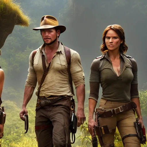 Image similar to still from the movie with Indiana Jones (played by chris pratt), Lara Croft (played by Alicia Vikander) and Nathan Drake (played by tom holland), award-winning cinematography, 4k