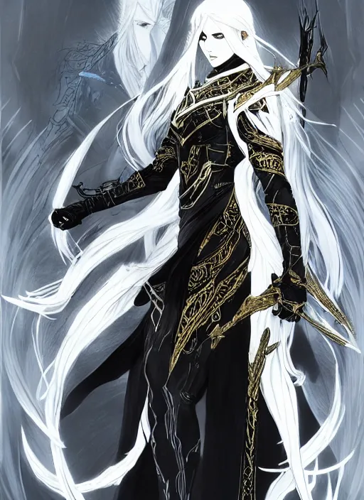 Prompt: Half body portrait of a beautiful elven healer with long straight black and blonde hair wearing ornate white and gold robe. In style of Yoji Shinkawa and Hyung-tae Kim, trending on ArtStation, dark fantasy, great composition, concept art, highly detailed, dynamic pose.