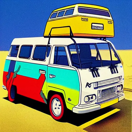 Image similar to campervan near the ocean, 80's anime style