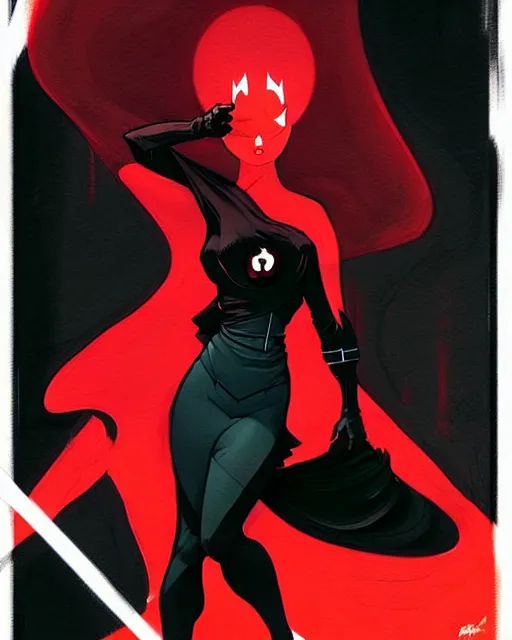 Image similar to rafael albuquerque comic art, peter mohrbacher, phil noto, artgerm, pretty evil elizabeth olson witch, black and red dress, symmetrical eyes