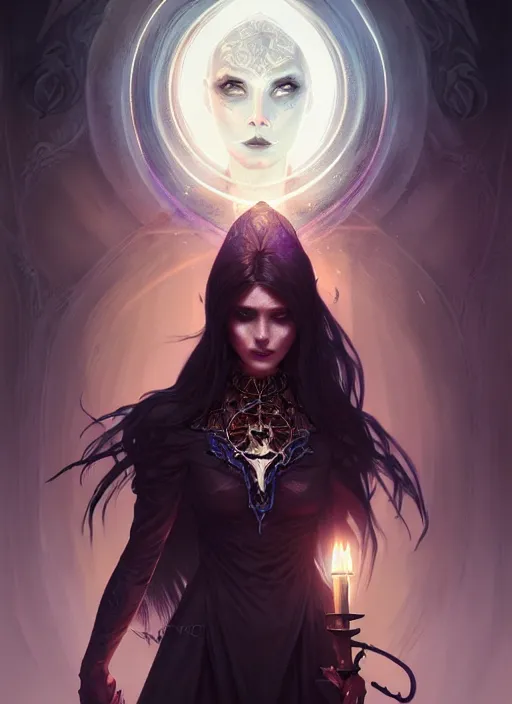 Image similar to Necromancer Sorceress, fantasy magic, undercut hairstyle, dark light night, intricate, elegant, sharp focus, illustration, highly detailed, digital painting, concept art, matte, art by WLOP and Artgerm and Greg Rutkowski and Alphonse Mucha, masterpiece