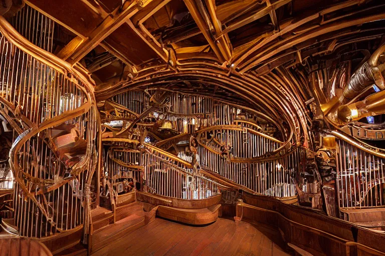 Image similar to the interior of the organ room at house on the rock in wisconsin is full of curved elevated walkways, interwoven catwalks, spiral ramps, and twisted staircases that are surrounded by cluttered arrangements of parts of pipe organs, clock gears, and engine components.