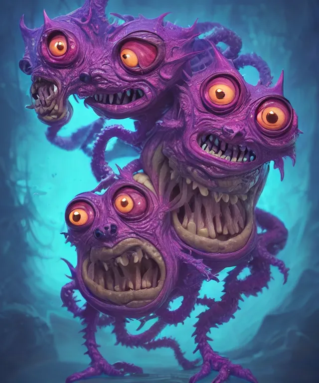 Image similar to a two headed xanathar made of bioluminescence in the art style of monsters inc, crisp 8 k line art, digital painting, artstation, unreal engine, octane render, emissive lighting, concept art, matte, sharp focus, hyper realistic lighting, illustration, deep royal blue and pink color scheme, art by junji ito