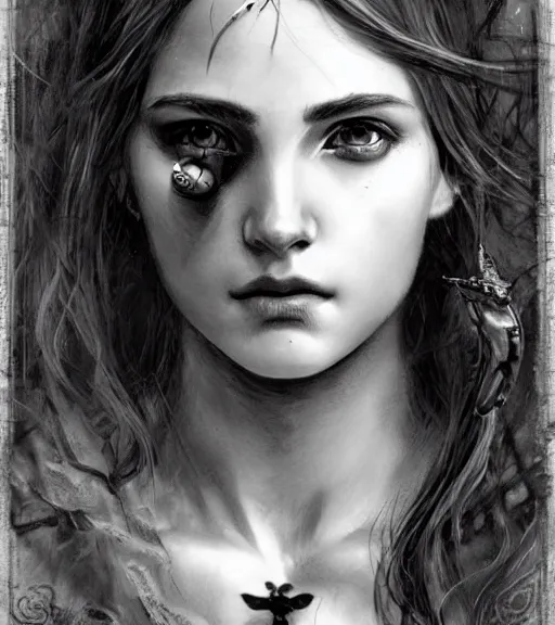 Prompt: beautiful young aphrodite goddess, archer, realistic face, beautiful piercing eyes, black and white drawing, in the style of greg rutkowski, fantasy, amazing detail, epic, intricate, elegant, smooth, sharp focus