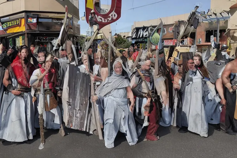 Image similar to cellphone photograph of lord of the rings uruk - hai and orcs protesting the working conditions at a mcdonalds parking lot in the daylight. dirty mcdonalds uniforms, aprons. picket signs and battleaxes in hand