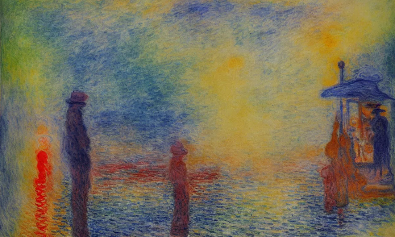 Image similar to An Abstract Illusionism style Wash made with Watercolor on canvas of A Tourist in the style of Claude Monet