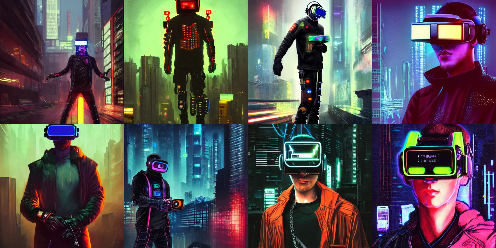 Prompt: A portrait of a cyberpunk hero wearing techwear with cybernetics, VR glasses, gadgets, and a technological cyberdeck, cityscape background, bright neon lights, by Rembrandt and Gerald Brom, ultradetailed, concept art, trending on artstation