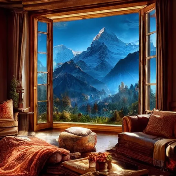 Prompt: fantastical living room with switzerland landscape in the window by marc adamus, beautiful dramatic lighting, high definition