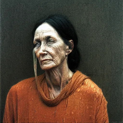 Prompt: portrait of 60 years old girl, painting by Beksinski