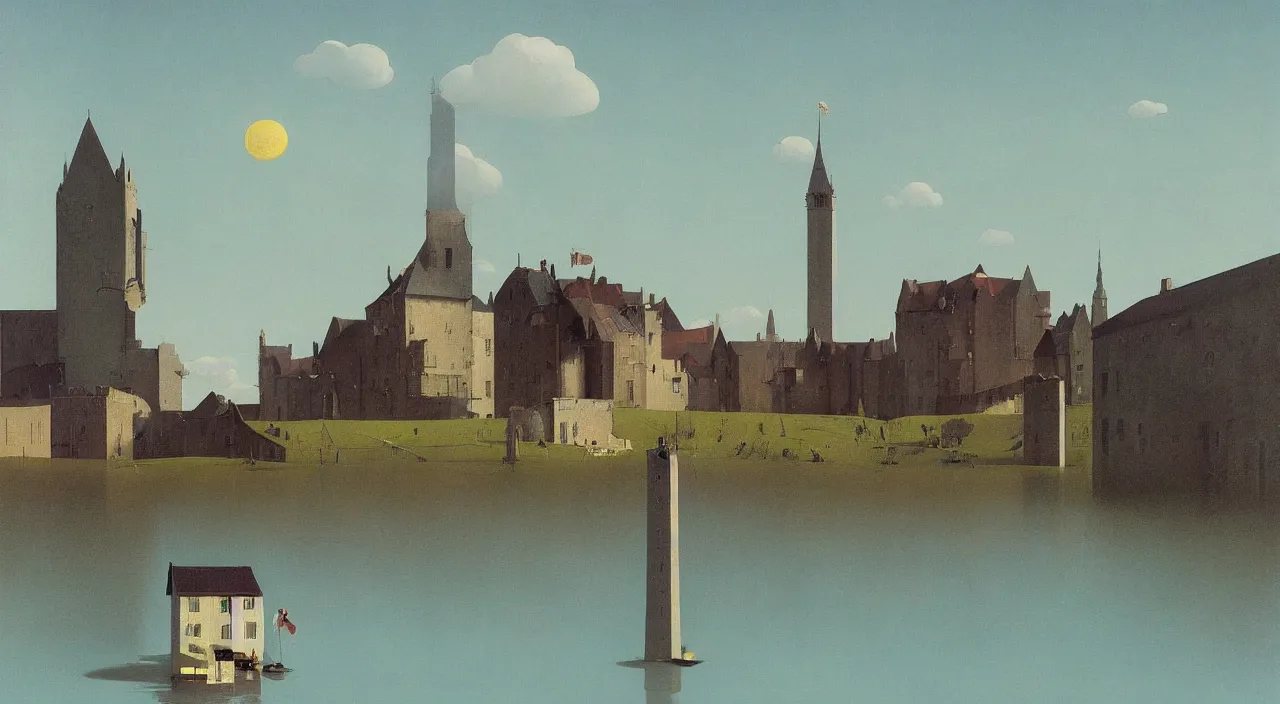 Prompt: single flooded simple white tower, very coherent and colorful high contrast!! masterpiece by rene magritte simon stalenhag carl spitzweg syd mead norman rockwell edward hopper james gilleard, minimalist, dark shadows, sunny day, hard lighting