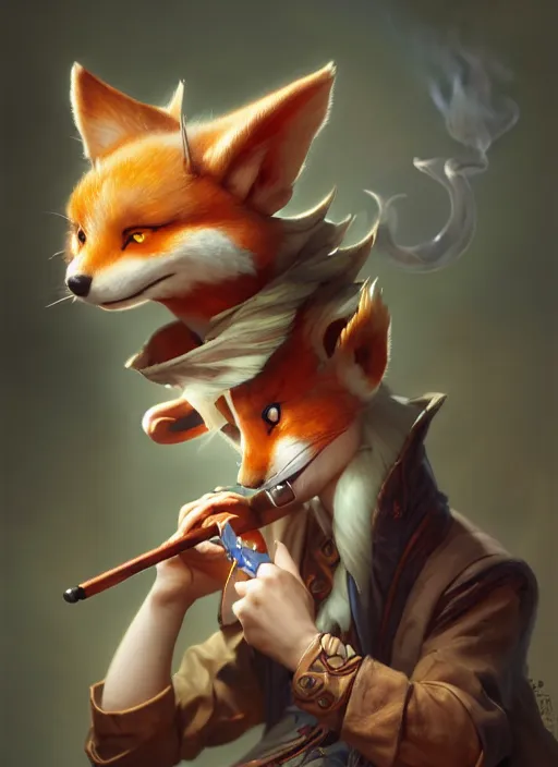 Image similar to cute kitsune smoking a pipe, subsurface scattering, by jesper ejsing, justin gerard, tomasz alen kopera, cgsociety and fenghua zhong, highly detailed, rim light, cinematic lighting, illustration, art, octane render, very coherent, cinematic, hyper realism, high detail, octane render, 8 k