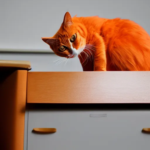 Image similar to an orange cat staring in a table drawer ~ on fire ~ fire ~ high - resolution photo ~