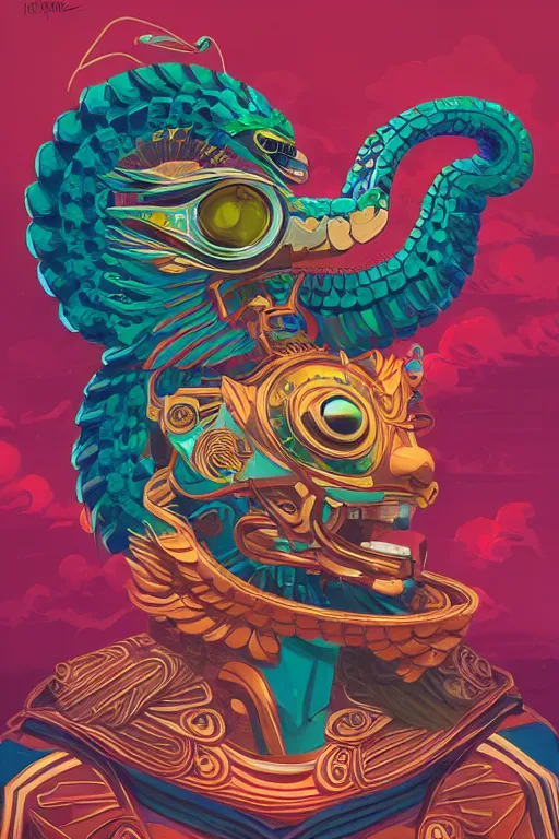 Image similar to a hacker wearing a quetzalcoatl mask, Tristan Eaton, victo ngai, artgerm, RHADS, ross draws