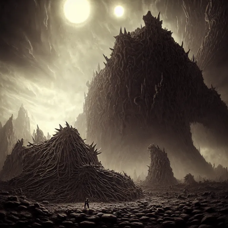 Prompt: surreal ancient alien abandoned giant spiky temple on exoplanet, wrecked technology, dark clouds, surreal abandoned buildings, dream-like heavy atmosphere, baroque painting, beautiful detailed intricate insanely detailed octane render trending on Artstation, 8K artistic photography, photorealistic, dramatic volumetric cinematic light, chiaroscuro, Raphael, Caravaggio, Beksinski, Giger