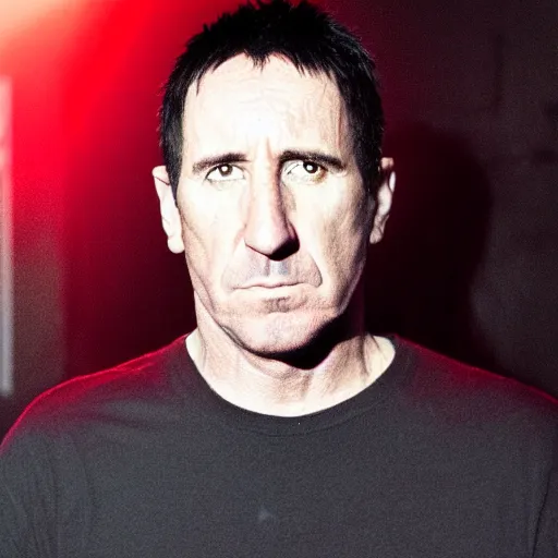 Image similar to Trent Reznor glaring at you, cctv footage, red glowing eyes