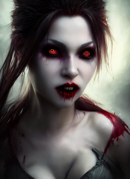 Prompt: beautiful full shot portrait vampire queen blood highly detailed CGsociety subtle concept art HDR hyper realistic volumetric lighting subsurface scattering unreal