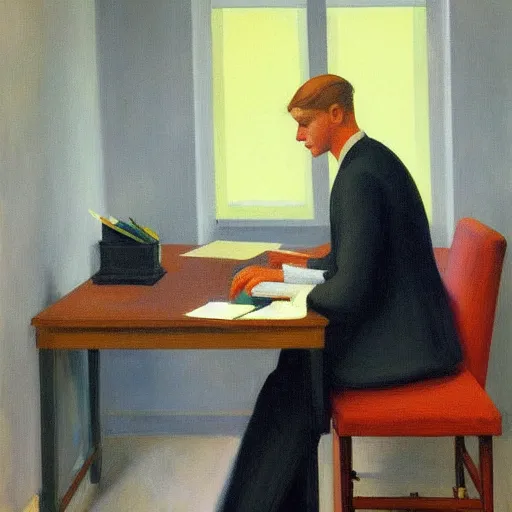 Prompt: a detailed painting, blonde man at a office desk, edward hopper,