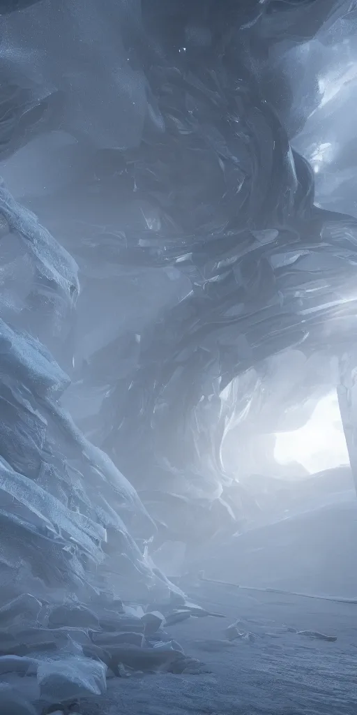 Image similar to interdimensional galaxy portal covered in frost, zaha hadid hyader alive, ice gate, volumetric light, volumetric fog, unreal engine, photorealistic, 8 k