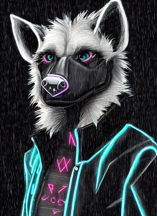 Prompt: digital drawing of anthromorphic hyena female drawn in cell shaded, fursona, furry fandom, neon rainy cyberpunk setting, anthro, wearing cyberpunk 2 0 7 7 jacket, detailed face,