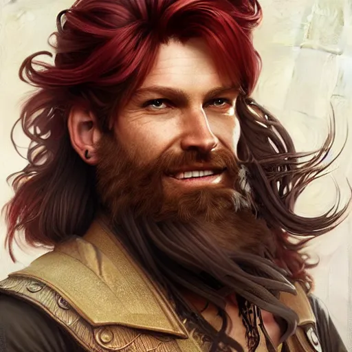 Image similar to portrait of a young ruggedly handsome but cantankerous pirate, male, masculine, upper body, red hair, long hair, d & d, fantasy, bashful smirk, intricate, elegant, highly detailed, digital painting, artstation, concept art, matte, sharp focus, illustration, art by artgerm and greg rutkowski and alphonse mucha