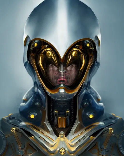 Image similar to detailed portrait of a cyborg, necromancer, benevolant, scifi, futuristic, elegant cape, intelligent, alien room background, white, blue, gold, trending on artstation, soft light, holy machine, advanced technology, art by vitaly bulgarov and nivanh chanthara