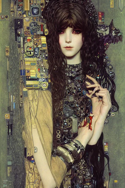 Image similar to beautiful young gothic maiden, cyberpunk, highly detailed, artstation, illustration, art by Gustav Klimt