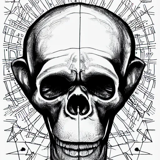 Image similar to a humanoid chimp skull hovering over a star pattern, 2 handguns are crossing in the middle of the picture ultra detailed, fine line pen drawing on parchment, symmetrical, stylish