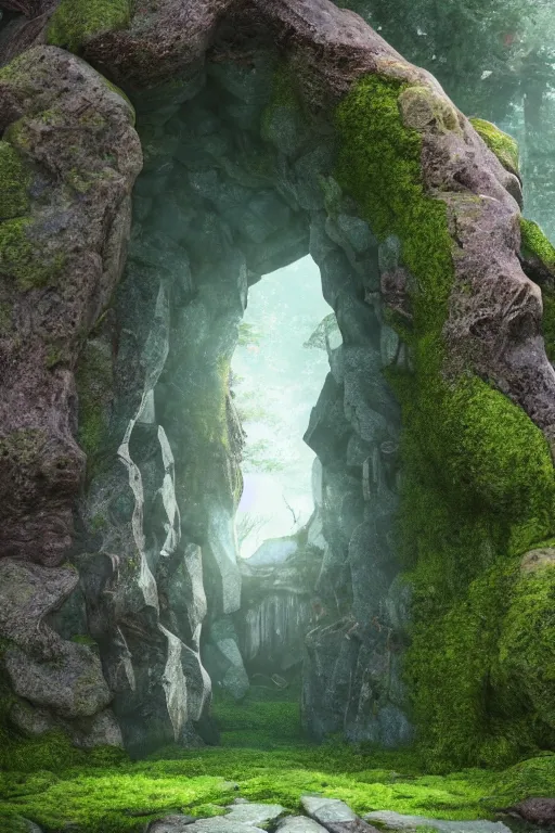 Image similar to the entrance of valhalla, large ornated stone portal, beautiful composition, nature, mossy stone, low angle, rays of light, light dust, octane render, unreal engine, photography, 8 k