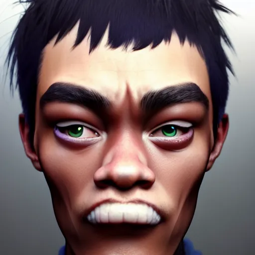 Image similar to hyperrealistic 2 d from the gorillaz, as human character portrait,, stunning 3 d render inspired art by xiang duan and thomas eakes and greg rutkowski, perfect facial symmetry, hyper realistic texture, realistic, highly detailed attributes and atmosphere, dim volumetric cinematic lighting, 8 k octane detailed render, post - processing, masterpiece,
