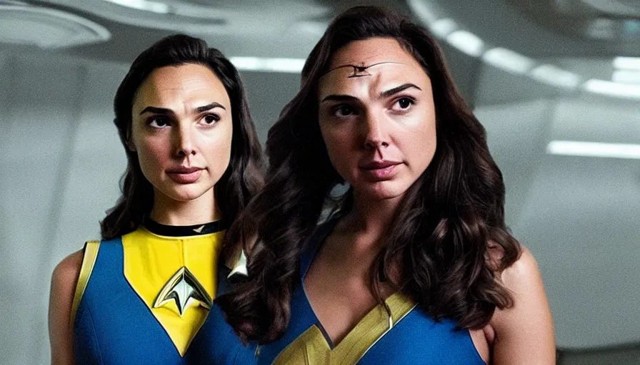 Image similar to Gal Gadot, wearing a yellow uniform, is the captain of the starship Enterprise in the new Star Trek movie