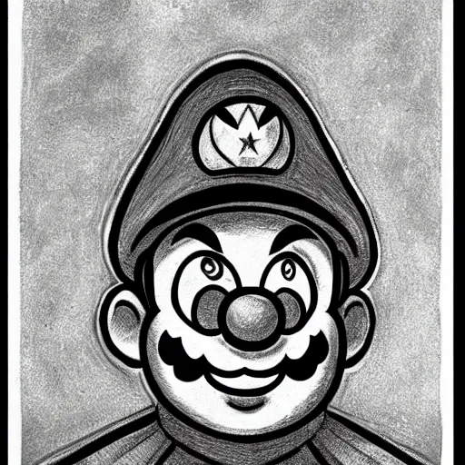 Prompt: a black and white pencil illustration portrait of super mario in the style of stanislaw szukalski