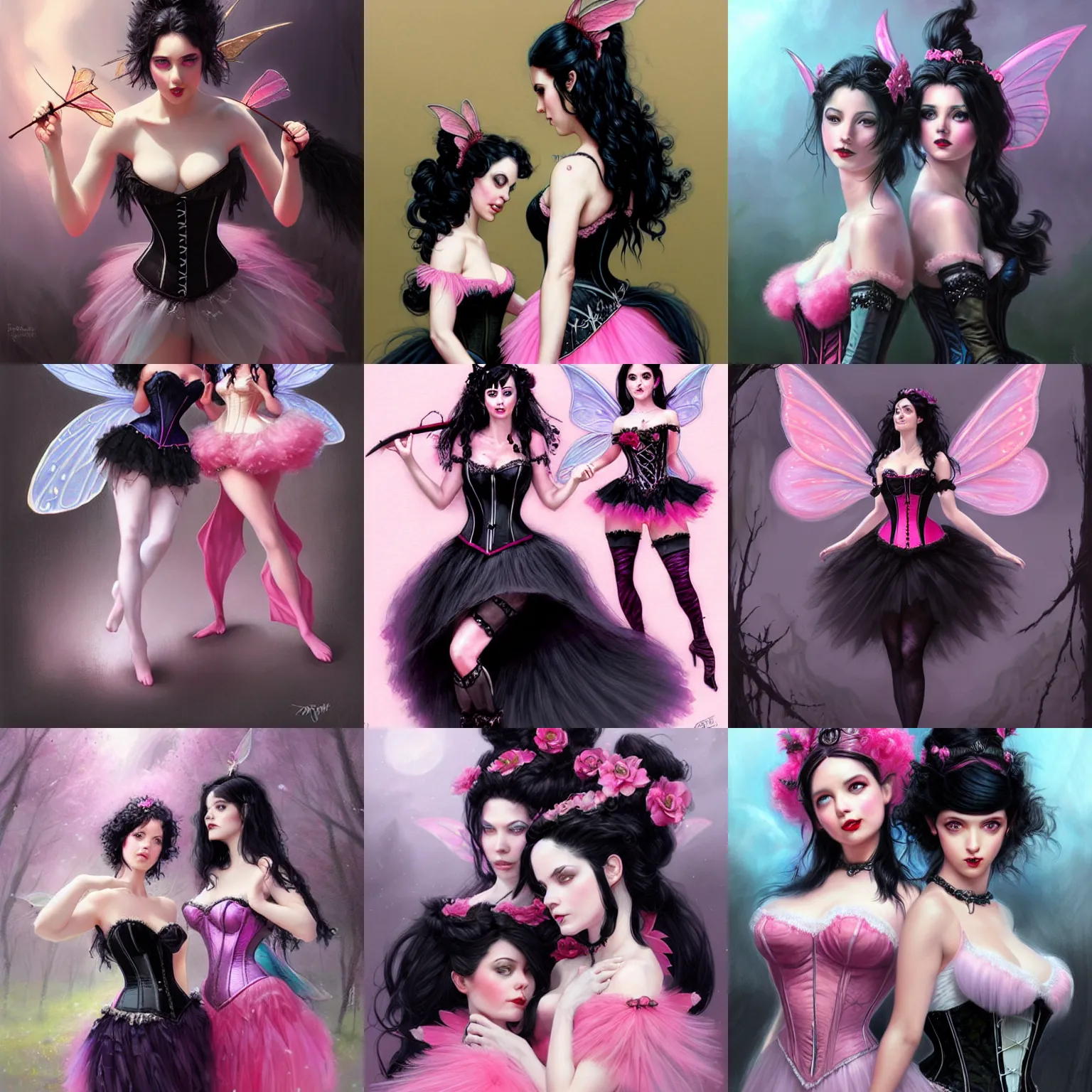 Prompt: two fairy women with black hair, wearing the same black corset and pink tutu, d & d, fantasy, highly detailed, digital painting, trending on artstation, concept art, sharp focus, illustration, art by artgerm and greg rutkowski and magali villeneuve