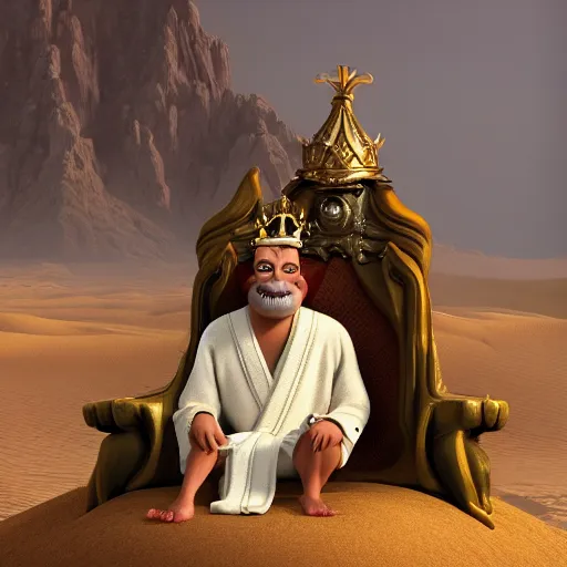 Image similar to a man with a crown on his head, dressed in a robe, sitting on a throne, in the desert, in the background a thunderstorm, pixar, artstation, high detailed,