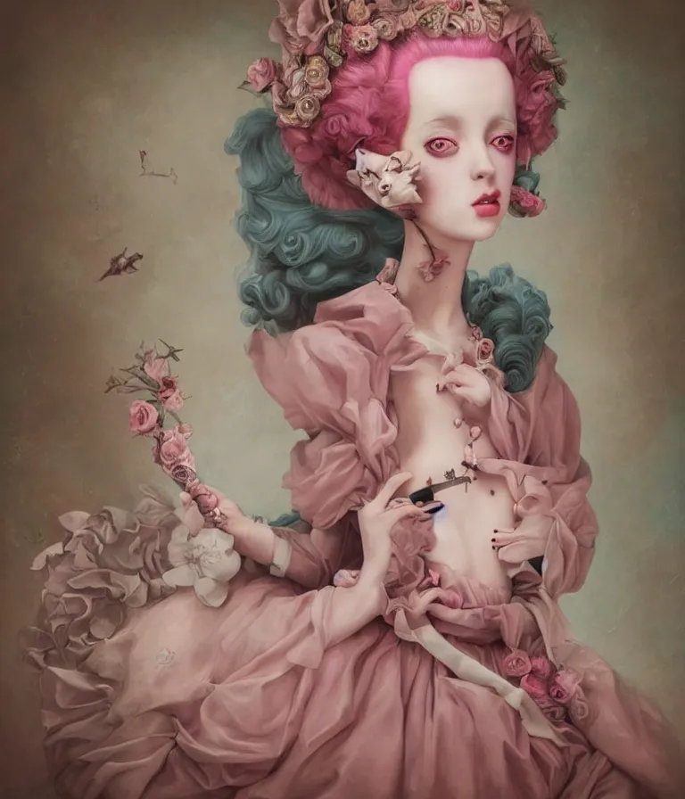 Image similar to pop surrealism, lowbrow art, realistic marie antoinette girl painting, pink body harness, hyper realism, muted colours, rococo, natalie shau, loreta lux, tom bagshaw, mark ryden, trevor brown style